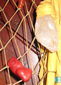 detail of red coral and quartz crystal