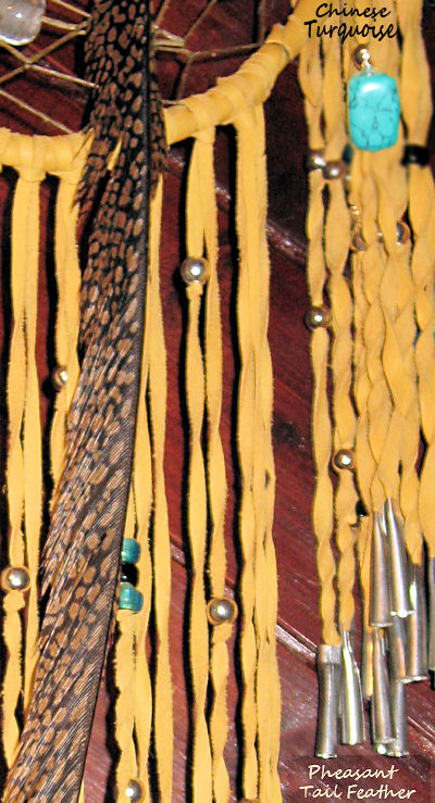 detail of turquoise nugget and pheasant tail feather