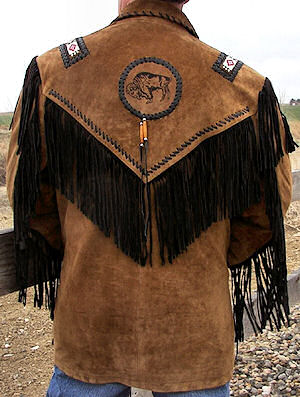back of black fringed jacket with turquoise eagle beadwork