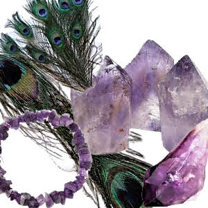 Details of amethyst crystals and peacock feathers