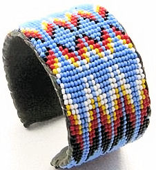 blue feather seed beaded fire pattern wide cuff bracelet
