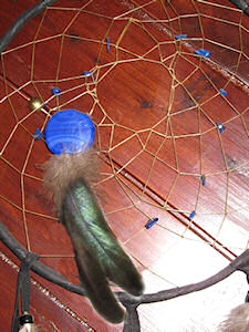 detail of blue lapis buckskin dreamcatcher