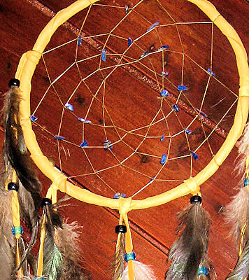 detail of blue lapis and crystal bicones buckskin dreamcatcher