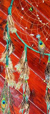 detail of Peacock Hunter Green  buckskin dreamcatcher