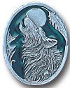 Enameled Wolf Head with Moon and Feather Pin