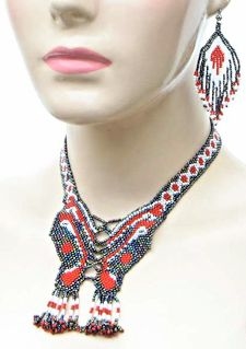 Red and white beaded Butterfly bib inspired necklace and earring set