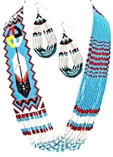 Turquoise Feather & Medicine Wheel Beaded Necklace and Matching Earrings