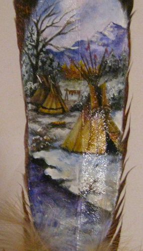detail of Winter Tipis original hand painted feather painting