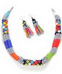 Multi-color Floral Seed Beaded Rope Necklace & Earrings Set