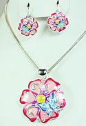 Pink Flower Butterfly Hippie Pendant & Earrings Set