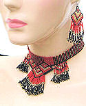 Red, Black, and Gold Seed Beaded Necklace & Earrings Set