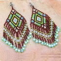 Redwood brown and sea green,native inspired,diamond pattern,seed bead earrings