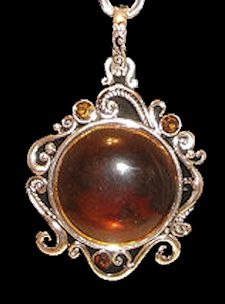 Amber Round cabachon with 3 CZ and scroll work pendant