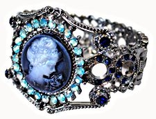 Blue Cameo and Rhinestones Silver Bracelet