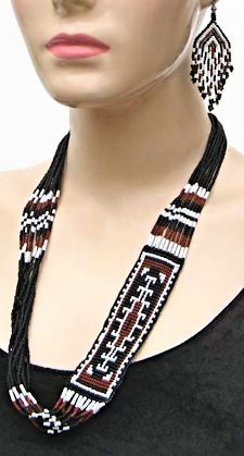 Black and Brown Corn Beaded Necklace & Earrings Set