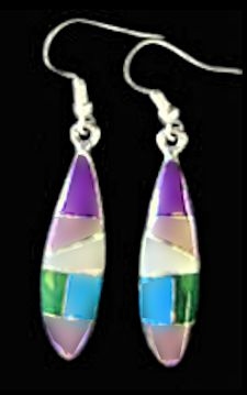 Long Sugulite, Turquoise & Pink Shell Inlaid Dangle Earrings