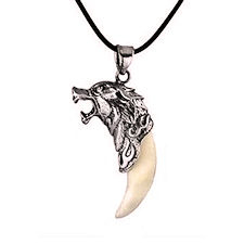 Silver Wolf Head Cap with Real Tooth Pendant