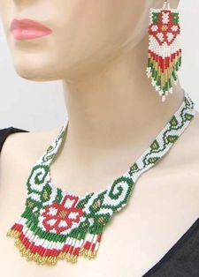 Red and Green Floral Seed Beaded Choker Necklace & Earrings Set