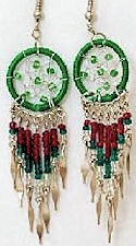 Green, Wine Red and Black Beaded Dream Catcher Earrings