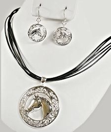Silver Horse Earrings & Necklace Set