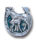Mare and colt in horshoe pewter pin