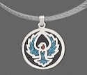 Southwest phoenix turquoise and coral inlay pewter pendant with chain.