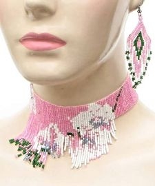 Pink Floral Seed Bead Choker & Matching Earrings