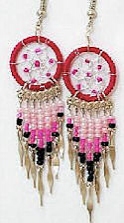 Red, Pink and Black Beaded Dream Catcher Earrings