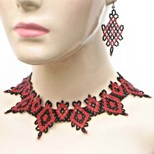 Red and Black Hearts and Diamonds Beaded Choker Necklace & Earrings