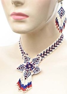 Beaded Flower Red White and Blue Necklace set.