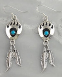 Turquoise Bear Paw with 2 Feathers Dangle Earrings