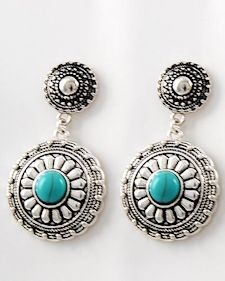 Antique Silver Turquoise Concho Dangle Post Earrings