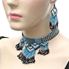 Turquoise Geometric Handcrafted Beaded Choker & Earrings Set
