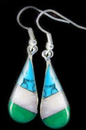 Inlaid Turquoise, Mother of Pearl & Malachite Teardrop Earrings