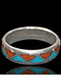 Turquoise & Coral Chip Inlay Wedding Band