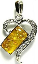Yellow Amber and Cubic Zirconia Silver Heart Pendant