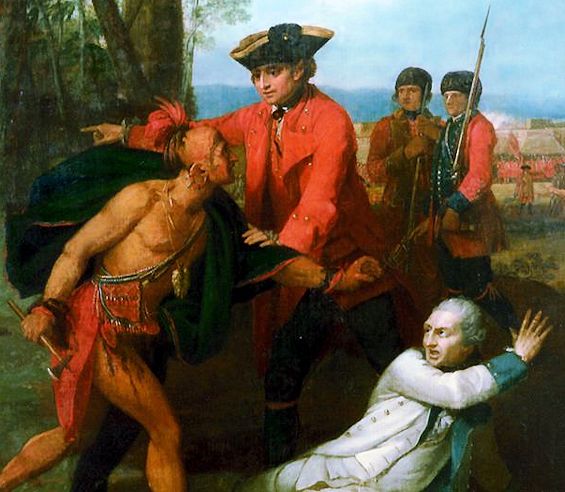 Johnson sparing Baron Dieskau's life after the Battle of Lake George. Public Domain Photo